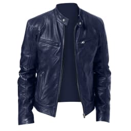 BLTIBY Mens Leather Jacket Fall Winter Solid Color Stand Collar Vintage Motorcycle Biker Jackets Long Sleeve Casual Coat Outwear with Pockets Dark Blue XL - Thumbnail 1