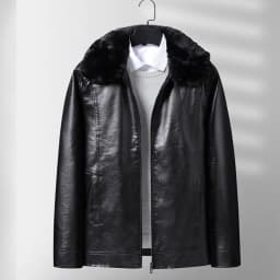 FRSASU Men's Faux Leather Sherpa Lined Trucker Jacket Fleece Collar Winter Warm Coats PU Leather Jacket Leather Motorcycle Jacket for Men Black - Thumbnail 5