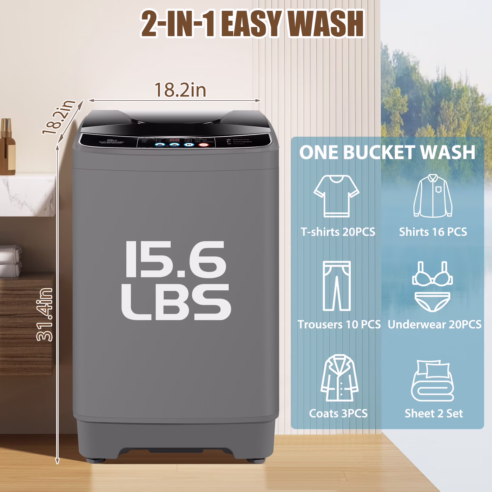 Veeboto Portable Washing Machine, 15.6lbs Washer Machine with 10 Wash Programs/8 Water Levels, Laundry with LED Display & 1 Adjustable feet for Home - Thumbnail 2