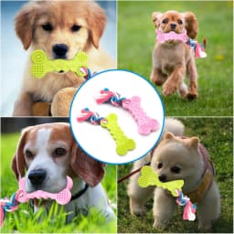 Syenll 2 Pack Dog Chew Toys, Rubber Puppy Teething Toys with Rope, Interactive Treat Set for Small Dogs Pets, Pink+Green - Thumbnail 5