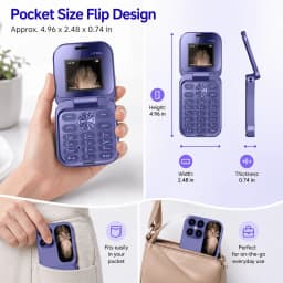 Mini Flip Basic Cell Phone, 2G GSM Unlocked Dual SIM, Large Buttons, 1.77 in Display, FM Radio, Purple - Thumbnail 2