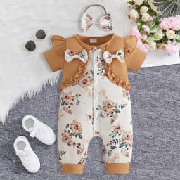 Karoyedx Unisex Newborn Clothes Newborn Baby Girl Summer Outfit Romper Embroidery Ruffle Jumpsuit Infant Waffle Clothes Coffee Size,12-18 Months - Thumbnail 2