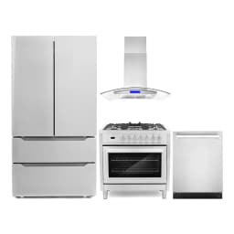 Cosmo 4 Piece Kitchen Appliance Packages with 36" Freestanding 220/240V Dual Fuel Range 36" Island Range Hood 24" Built-in Integrated Dishwasher - Thumbnail 1