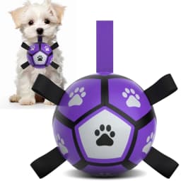 QDAN Durable Dog Toys Soccer Ball with Nylon Straps Hand Pump for Puppies Small Dogs, Purple & Gray, 5-inch - Thumbnail 1