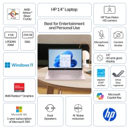 HP 14 inch HD Windows Laptop AMD Athlon Silver 7120U Processor 4GB 256GB SSD Tranquil Pink - Thumbnail 2