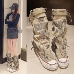 Women’s Knee High Punk Goth Boots, Wide Calf Lace-Up Canvas Boots with Buckles, Fold-Over Graffiti Print, Distressed Sole Streetwear - Thumbnail 5