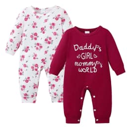 KIMI BEAR 12 Months Infant Baby Girl Romper 18 Months Clothing 2 Packs Long Sleeves Floral Letter Bodysuit One-piece Jumpsuit 2pcs Clothes Red - Thumbnail 1