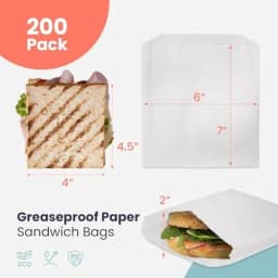 Fit Meal Prep 200 Pack Paper Sandwich Bags 7 x 6”, Greaseproof Snack Bags, Food Grade Pastry Bag, Recyclable Small Paper Bags, Cookie Sleeves, Food - Thumbnail 2