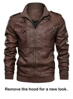 Hood Crew Men's Pu Faux Leather Jacket with Removable Hood Brown M - Thumbnail 4