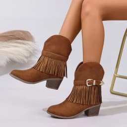 Ecetana Cowboy Boots for Women Mid Calf Cowgirl Boots with Fringe Round Toe Western Boot Chunky Low Heel Shoes - Thumbnail 4