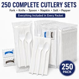 Watson Distributing Medium Weight Individually Wrapped White Cutlery Set With Napkin, Salt And Pepper 250/Case - Thumbnail 1