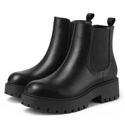 Rexoro Women's Chelsea Boots Chunky Heel Lug Sole Ankle Boots Elastic Side Slip-on Fashion Booties Black PU 8 - Thumbnail 1