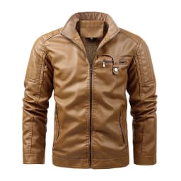 Maoxin Mens Leather Jacket Men Leather Jacket Multiple Pockets Zipper Loose Coat Solid Color Long Sleeved Hooded Leatherwear Loose Coat Leather Jacket Men - Thumbnail 1