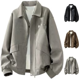 Mens Faux Suede Bomber Jacket PU Leather Vintage Flight Coat Casual Windproof Zip Up Turn Down Collar Outerwear with Pocket for Fall Winter Daily Wear, Gray, L - Thumbnail 1