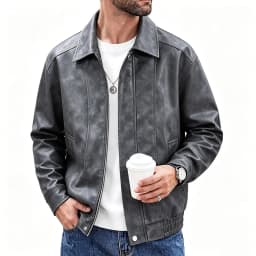 HBGVBA Men's Vintage Faux Leather Bomber Jacket, Turn Down Collar Full Zip Front, Elastic Ribbed Hem Side Pockets Daily Outerwear - Thumbnail 5