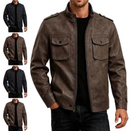 Vintage Moto Jacket for Men Faux Leather Long Sleeve Biker Coat with Epaulet Shoulder Trendy Fall Winter Outwear Coffee L - Thumbnail 1