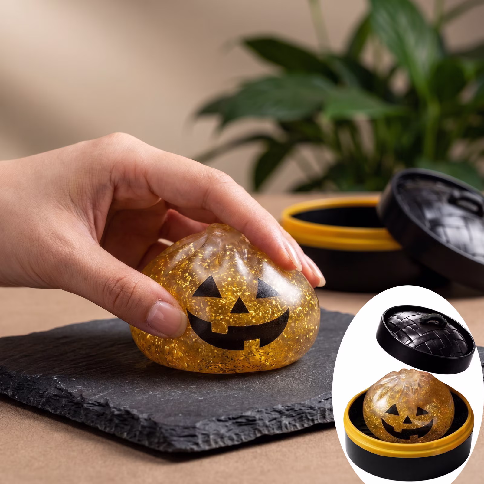 Halloween Pumpkin Squishy Toy, Black Glow in Dark Stress Relief Ball, Sensory Fidget Toy with Sparkle, Jack O'Lantern Face Design, Goodie Bag Gift - Thumbnail 6