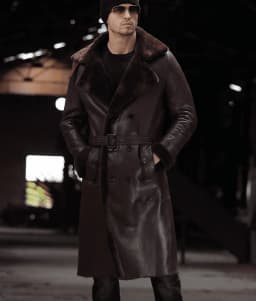 New Winter Fashion Men's Long Maxi Coat Genuine Sheepskin Leather Shearling Jacket for Male Thick Warm Wool Lining Black Brown Plus Oversize XXXXXXL 5XL 6XL,Wine,6XL - Thumbnail 1