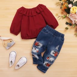 Infant Baby Girl Clothes Baby Girl 2PCS Outfits Long Sleeve Ruffle Collar Top Jeans Pants Set Wine Red 6-9 Months - Thumbnail 2