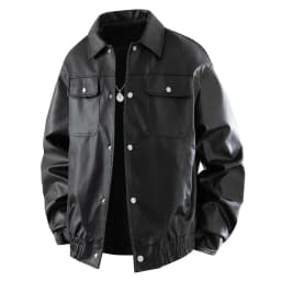 LEKWK Faux Leather Jacket Men Button Down Shiny Big and Tall Bomber Jacket Long Sleeve Vintage Casual Fall Fashion Moto Biker Outerwear Black L - Thumbnail 8