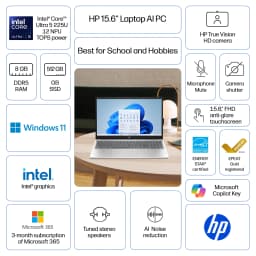 HP 15.6 inch HD Windows Laptop AI Intel Core Ultra 5 225U 8GB 512GB SSD Natural Silver - Thumbnail 2