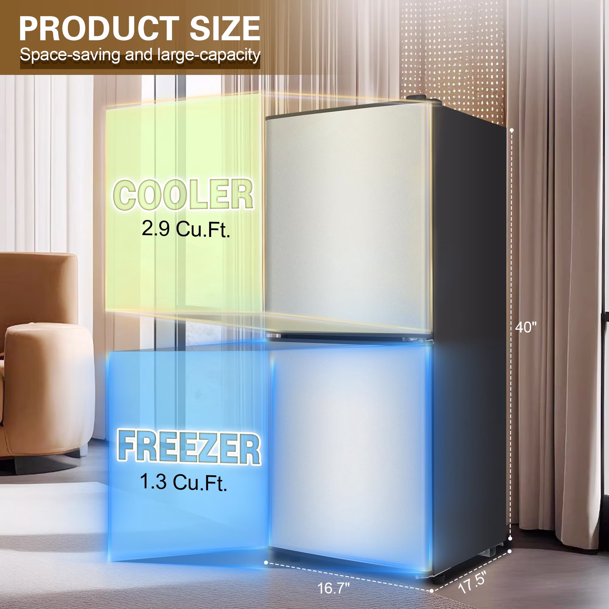 4.2 Cu.Ft Small Fridge with Freezer, 7-Level Adjustable Thermostat, Removable Glass Shelves, Quiet 38dB Energy-Saving for Dorm/Office/Kitchen - Thumbnail 6
