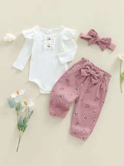 Loicainy Infant Baby Girls Fall Clothes Set 3 6 9 12 Months Long Sleeve Romper with Floral Pants and Headband Outfits - Thumbnail 8
