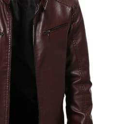 TIHLMK Men's Outerwear Jackets & Coats Vintage Stand Collar Men's Leather Plus Fleece Jacket, Motorcycle Jacket, Warm Leather Jacket Red - Thumbnail 4