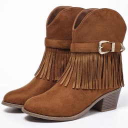 Ecetana Cowboy Boots for Women Mid Calf Cowgirl Boots with Fringe Round Toe Western Boot Chunky Low Heel Shoes - Thumbnail 1