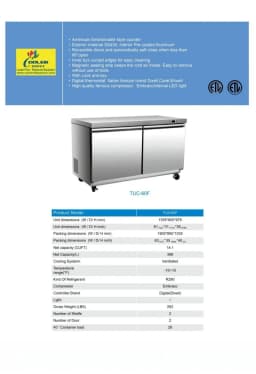Cooler Depot 61 inch 14.1 cu.ft, 38" heigh Commercial Undercounter Freezer, 2 Solid Doors, Stainless steel exterior, NSF certified - Thumbnail 7