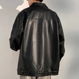 Maoxin Leather Jacket Men Retro Men's Solid Color Snap Pocket Casual Loose Long Sleeved Hooded Leather Jacket Coat Jackets for men Black 2XL - Thumbnail 5