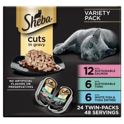 Sheba Wet Cat Food Cuts In Gravy Variety Pack, Gourmet Salmon, Signature Tuna, And Delicate White Fish & Tuna Entrées, (24) 2.6 Oz. Perfect Portions Twin Pack Trays - Thumbnail 1