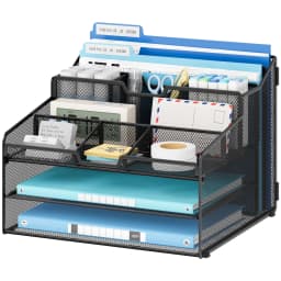 Marbrasse Mesh Metal Desk Organizer with Sliding Trays, Multi - Compartment Desktop File Organizer for Office Supplies, Documents, Folders, Black - Thumbnail 1