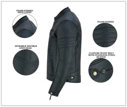 Chaqueta de Cuero para Motocicleta de Hombre, Desgastada, con Cierre, Chaquetas de Protección para Motocicleta, Negro Natural - Thumbnail 3