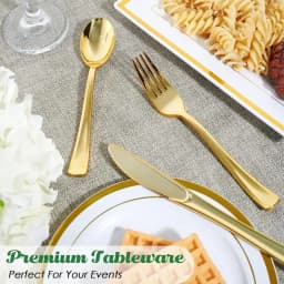 JOLLY CHEF 150 Count Gold Plastic Silverware Set - 50 Forks, 50 Knives, 50 Spoons - Heavy Duty Plastic Cutlery Set Disposable Flatware - Thumbnail 7