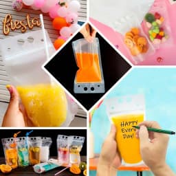 Efavormart 50 Pack Clear Stand-Up Plastic Drink Pouches with Straws, 12oz Reclosable Hand-Held Zipper Juice Smoothie Drink Bags - Thumbnail 5