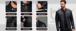 Chaqueta de Cuero para Motocicleta de Hombre, Desgastada, con Cierre, Chaquetas de Protección para Motocicleta, Negro Natural - Thumbnail 6