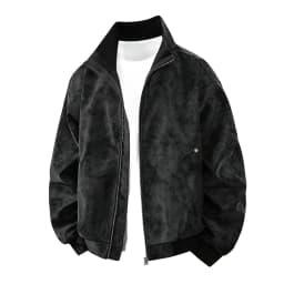 Faux Leather Jacket For Men Pu Stand Collar Solid Full Zip Color Long Sleeve Vintage Stylish Outwear With Pockets (M, Black) - Thumbnail 1