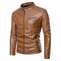 Zpanxa Men's Stand Collar Leather Biker Jacket Plus Size with Quilted Padding, Vintage Motorcycle Coat for Casual Riding Style Khaki L - Thumbnail 1