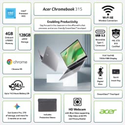 Acer Chromebook 315 15.6-inch FHD (1920 x 1080) Laptop with Google AI, 4GB RAM, 128GB eMMC, Sparkly Silver - Thumbnail 2