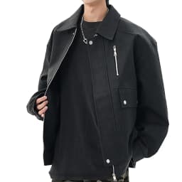 ZCFZJW Men's Faux Leather Coat Oversize Trend Collared Bomber Jackets Long Sleeve Washed PU Jacket for Spring Vintage Classic Fit Coats Street Wear with Zipper Pockets Black M - Thumbnail 1