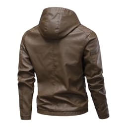 HOOMEUMY Men's Hooded Leather Jacket Long Sleeve Full Zip Leather Jackets Casual Full Zip Motorcycle jacket (Coffee,XS） - Thumbnail 4
