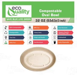 32oz Oval Disposable Compostable Paper Burrito Bowls Heavy-Duty, Eco-Friendly Oval Bowls Natural Bagasse Unbleached, Heat Resistant, 100% - Thumbnail 2