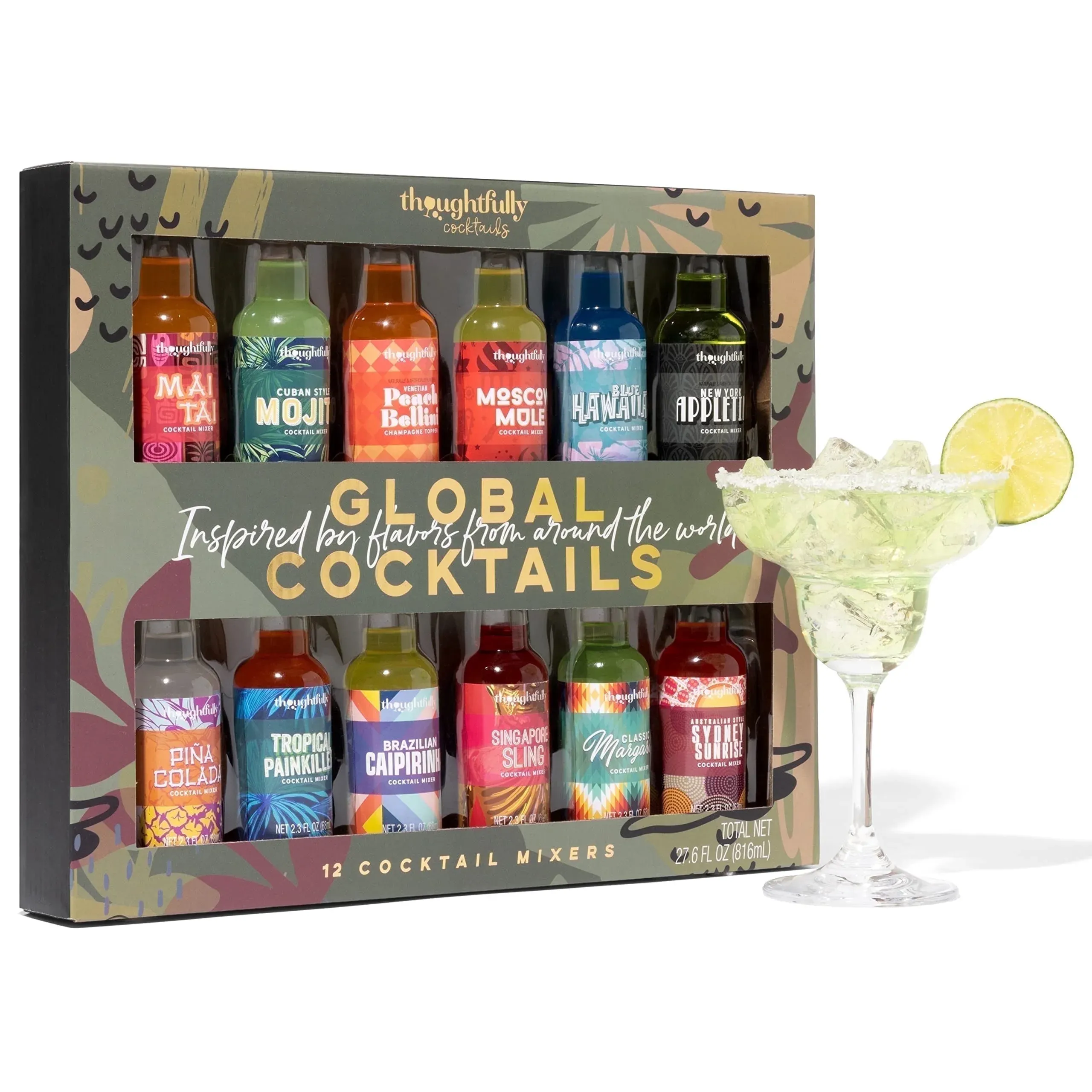 Thoughtfully Cocktails Global Cocktail Mixer Set, Plastic Bottles, Vegan and Vegetarian, Margarita, Moscow Mule and More Flavors, Set of 12, Contains