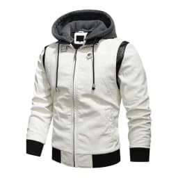 Men's Leather Stand Collar Detachable Hooded Motorcycle Leather Jacket with Fashionable Embroidered Colorblock for Biker Events, Winter Rides, and Casual Outings,White,3XL - Thumbnail 2
