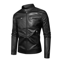 IYTR Mens Slim Leather Jackets Long Sleeve Zip Up Stand Collar Motorcycle Jacket Fashion Leather Coats with Pockets (Black,XXL) - Thumbnail 1