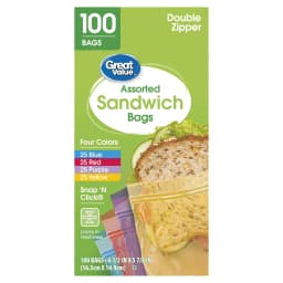 Great Value Double Zipper Sandwich Bags, Assorted Colors, 100 Count - Thumbnail 1