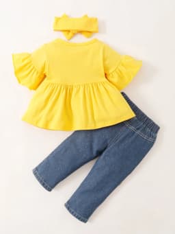 9 Months Baby Girls Clothes 12 Months Girls 3PCS Outfits Infant Girls Flared Sleeve Top Sunflower Patch Jeans Pants Headband Set Yellow - Thumbnail 3