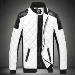 YODETEY Men Casual Color Matching Leather Stand-Up Collar Zipper Jacket Coats White 16(XXXXXL) - Thumbnail 1