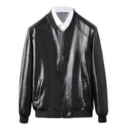 Leesechin Mens Bomber Jacket Leather Men's Thin Leather Jacket Round Neck Slim Baseball Collar Leather Jacket Men's Motorcycle Leather Jacket - Thumbnail 1